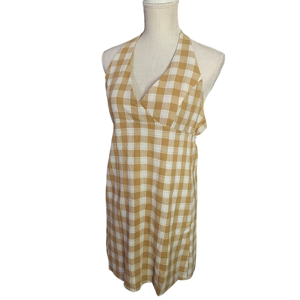 Odessa Halter Mini Dress Womens M Boho Yellow Gingham Checkered Open Back Cotton